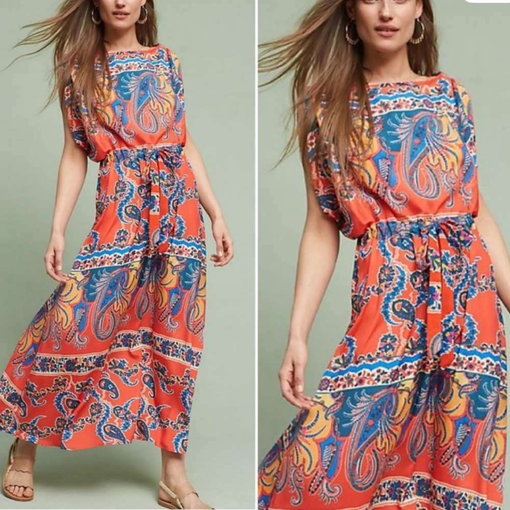 Anthropologie Eva Franco Size 6 Orange Paisley Turin Kimono Maxi Dress Boho